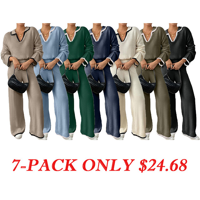 Two-piece Set Women's Contrast Binding DropShoulder Sweater & Straight Leg Pants Set,  Womenswear Casual FashionKnitwear