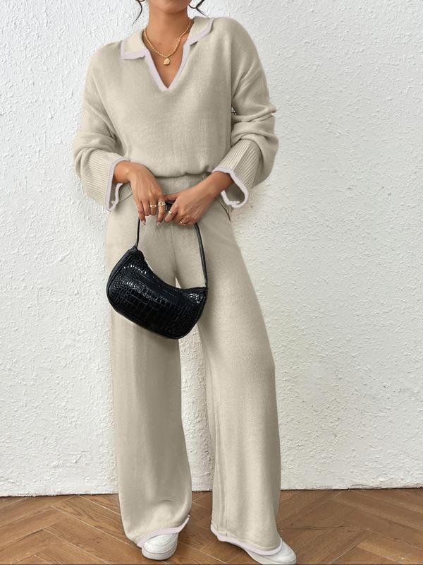 Two-piece Set Women's Contrast Binding DropShoulder Sweater & Straight Leg Pants Set,  Womenswear Casual FashionKnitwear