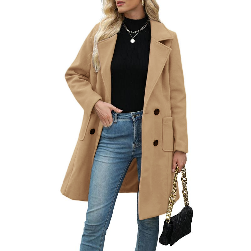 🔥Hot Sale!🔥Women's Winter Wool Blend Camel Mid-Long Coat Notch Double-Breasted Lapel Jacket Outwear