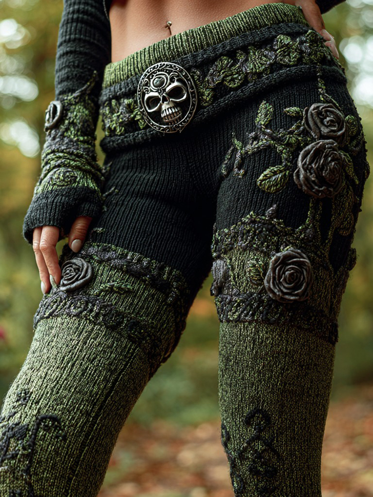 Women's Retro Skull Rose Embroidery Gradient Casual Leggings