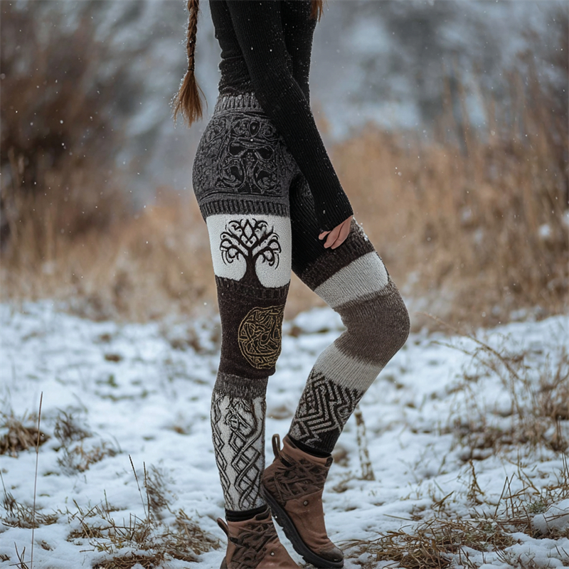 Vintage Viking Tree Of Life Celtic Colorblock Cozy Knit Leggings