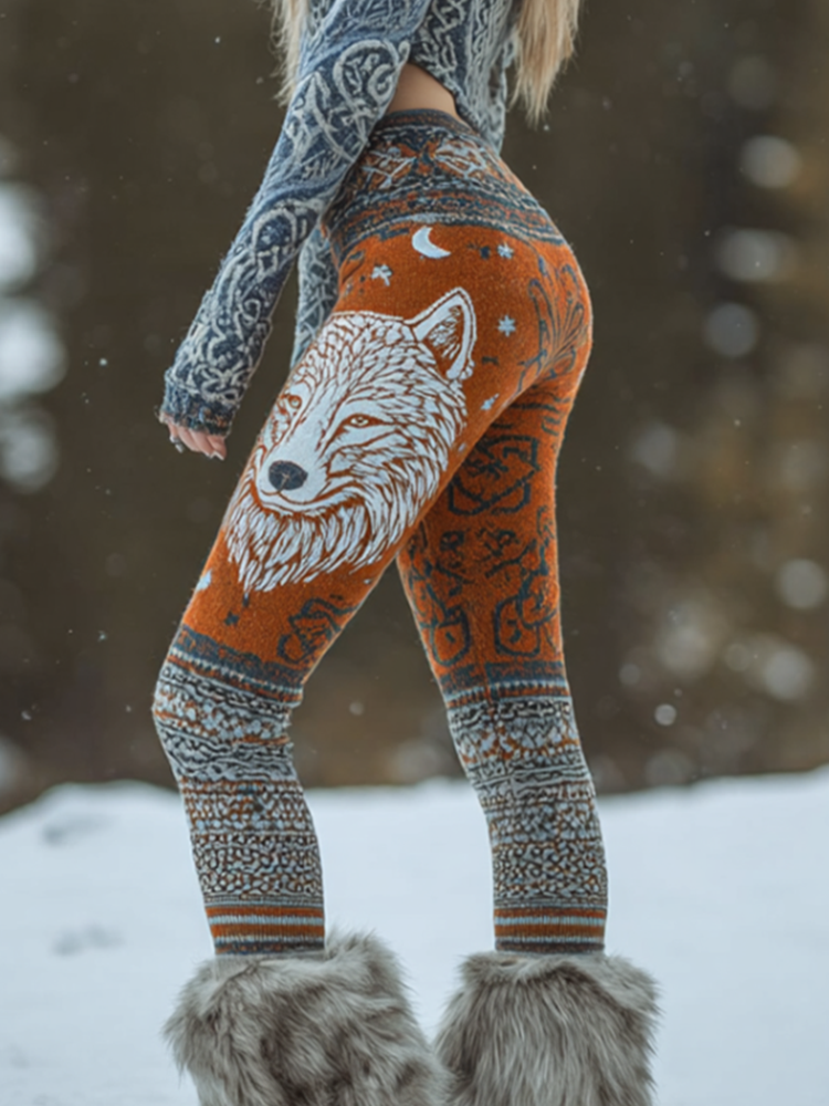 Retro Viking Style Gradient Design Women's Knitted Tight-fitting Leggings