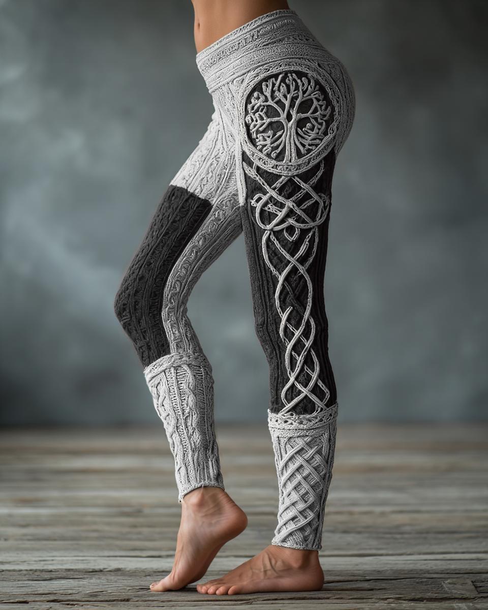 Vintage Viking Tree Of Life Celtic Knot Art Knit Jacquard Cozy Leggings
