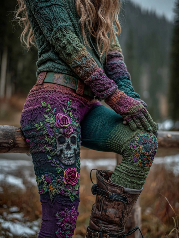 Women's Vintage Viking Skull And Rose Gradient Art Knit Leggings