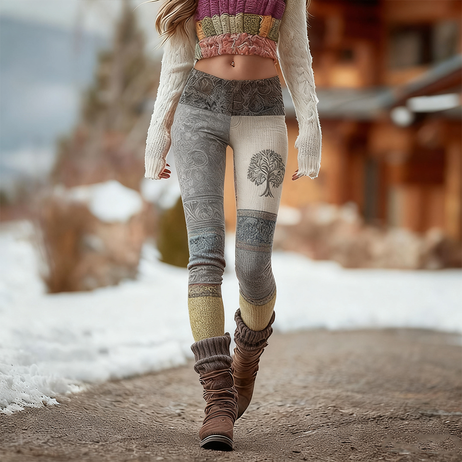 Bohemian Color-blocked Retro Print Women's Knitted Tight-fitting Leggings