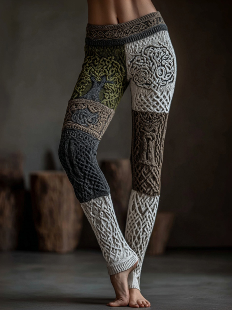Women's Vintage Tree Of Life Celtic Knot Contrasting Colors Art Knit Leggings