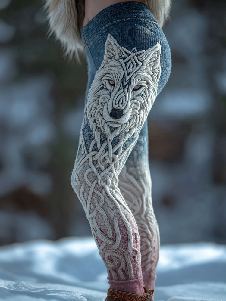 Vintage Viking Wolf Dragon Pattern Cozy Knit Leggings