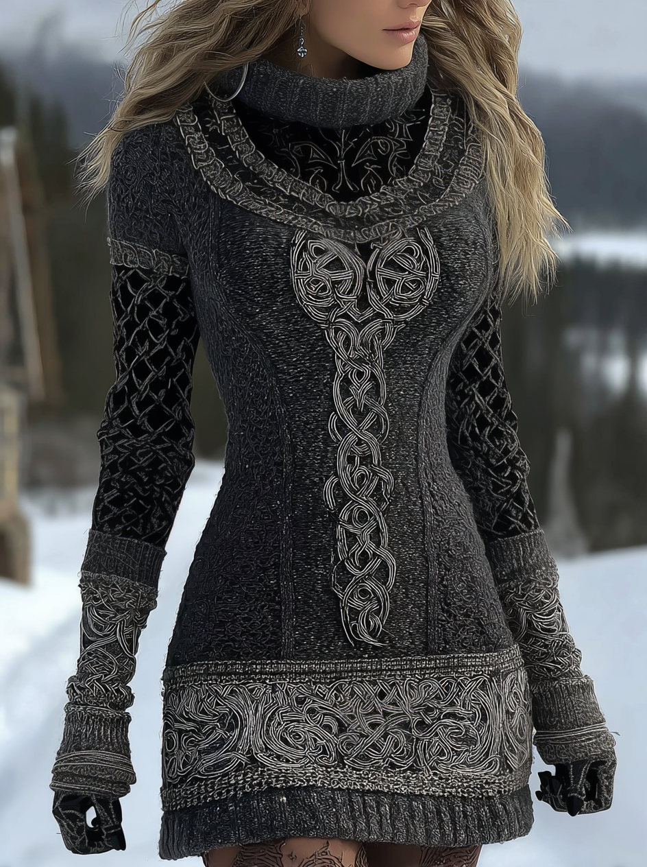 Viking Celtic Knot With Rose Art Knit Cozy Casual Cozy Knit Turtleneck Mini Dress