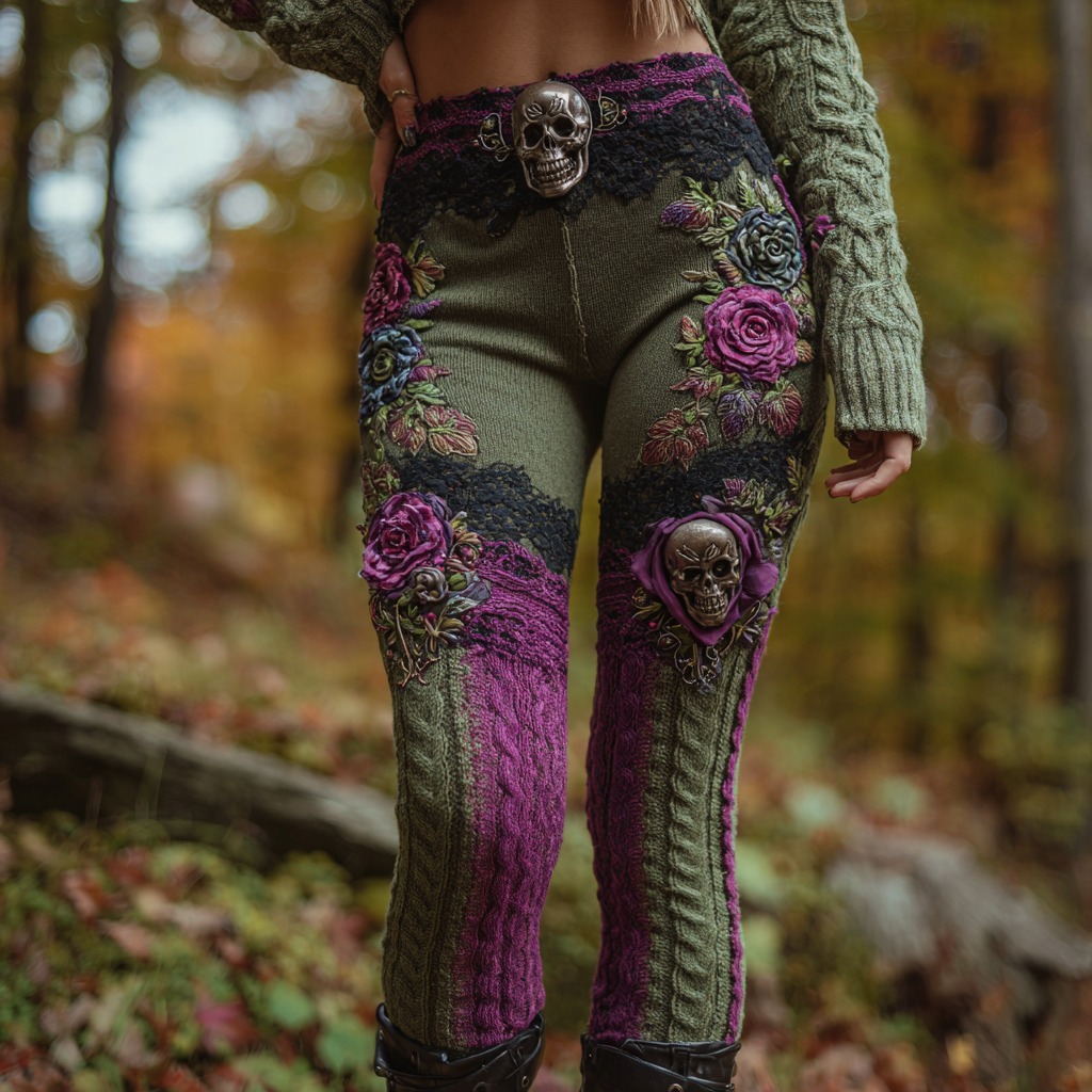 Women's Vintage Skull And Flower Art Comfort Leggings