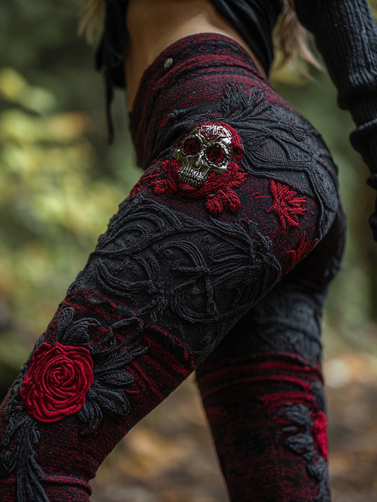 Women's Vintage Sugar Skull And Rose Pattern Comfortable Leggings