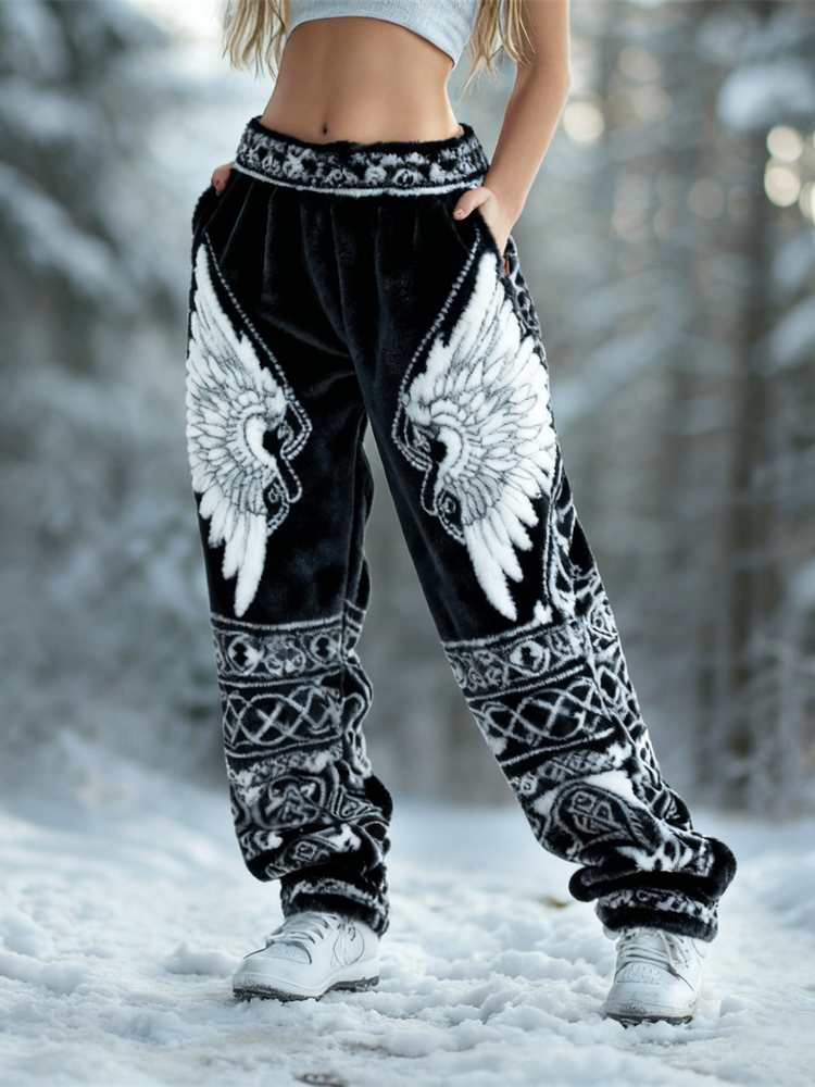 Viking Angel Wings Design Women's Flannel Casual Pants