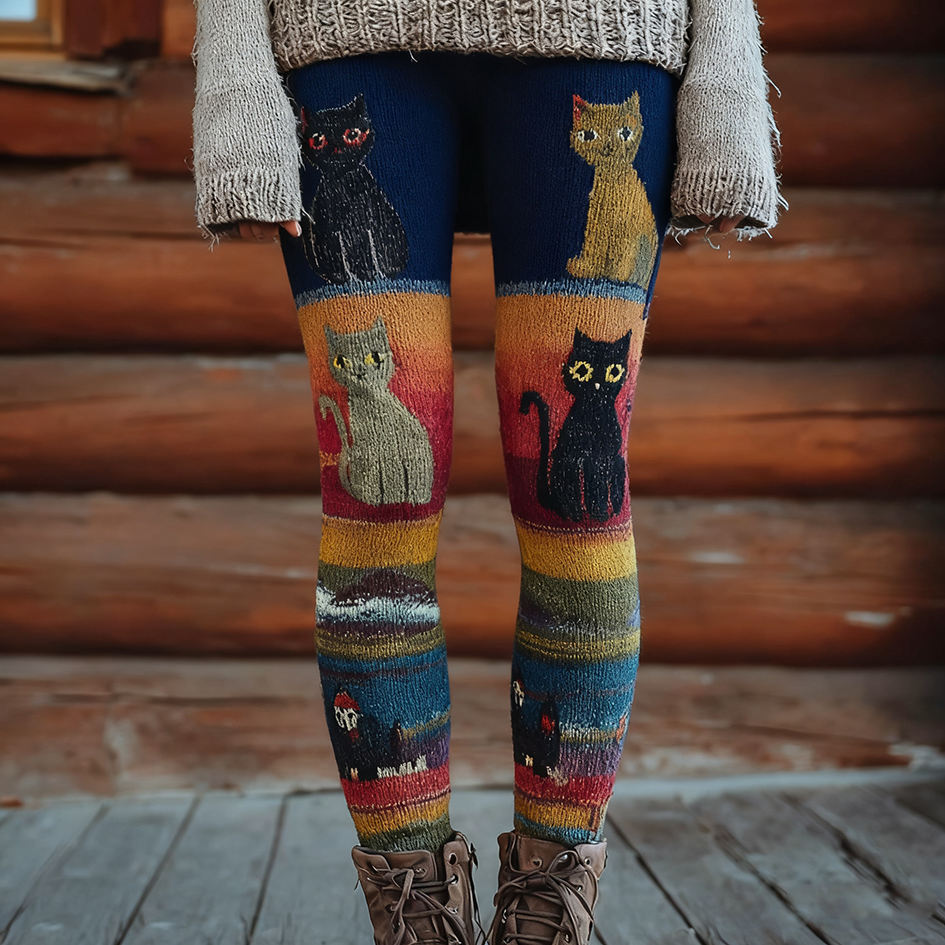 Christmas Fun Cat Knitting Tight-fitting Leggings
