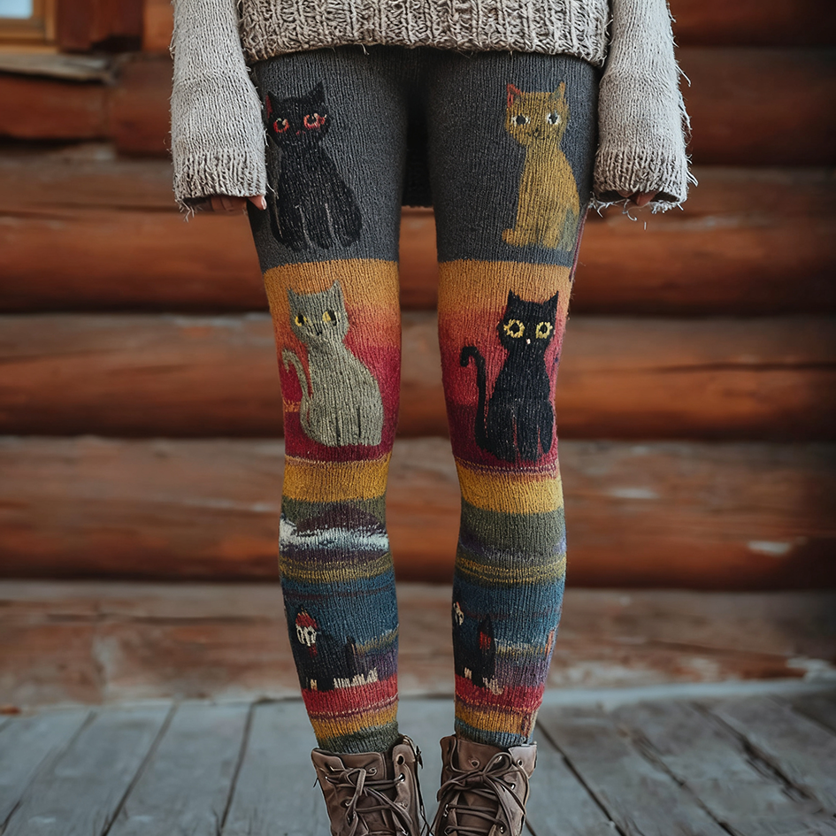 Christmas Fun Cat Knitting Tight-fitting Leggings