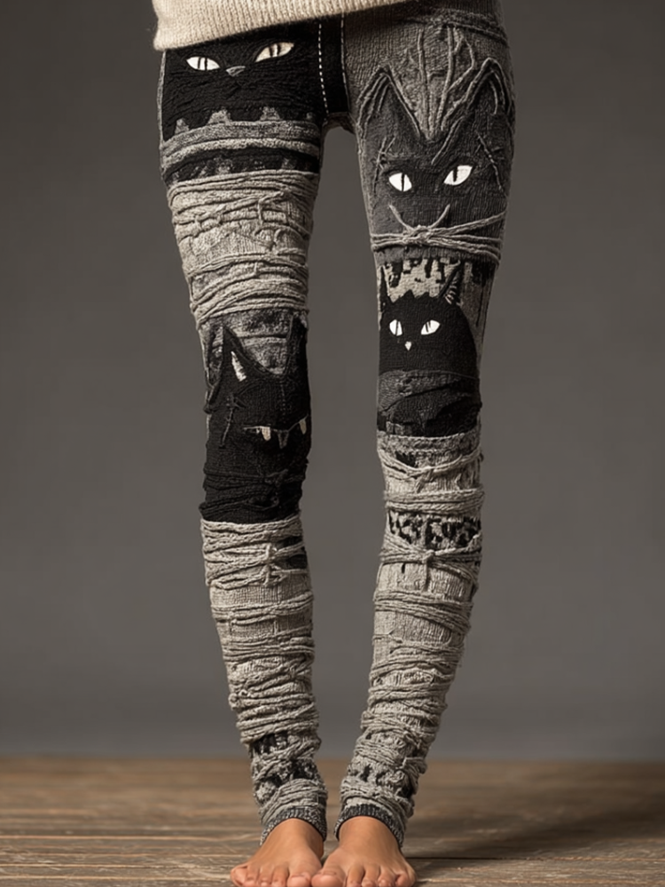 Halloween Fun Cat Design Women's Knitted Leggings