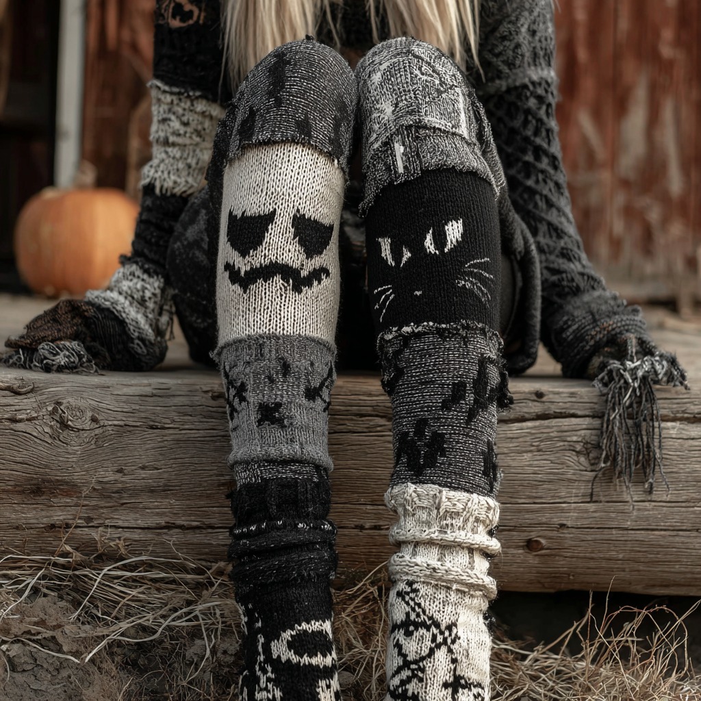 Halloween Ghostly Face And Black Cat Contrast Patchwork Cozy Knit Leggings