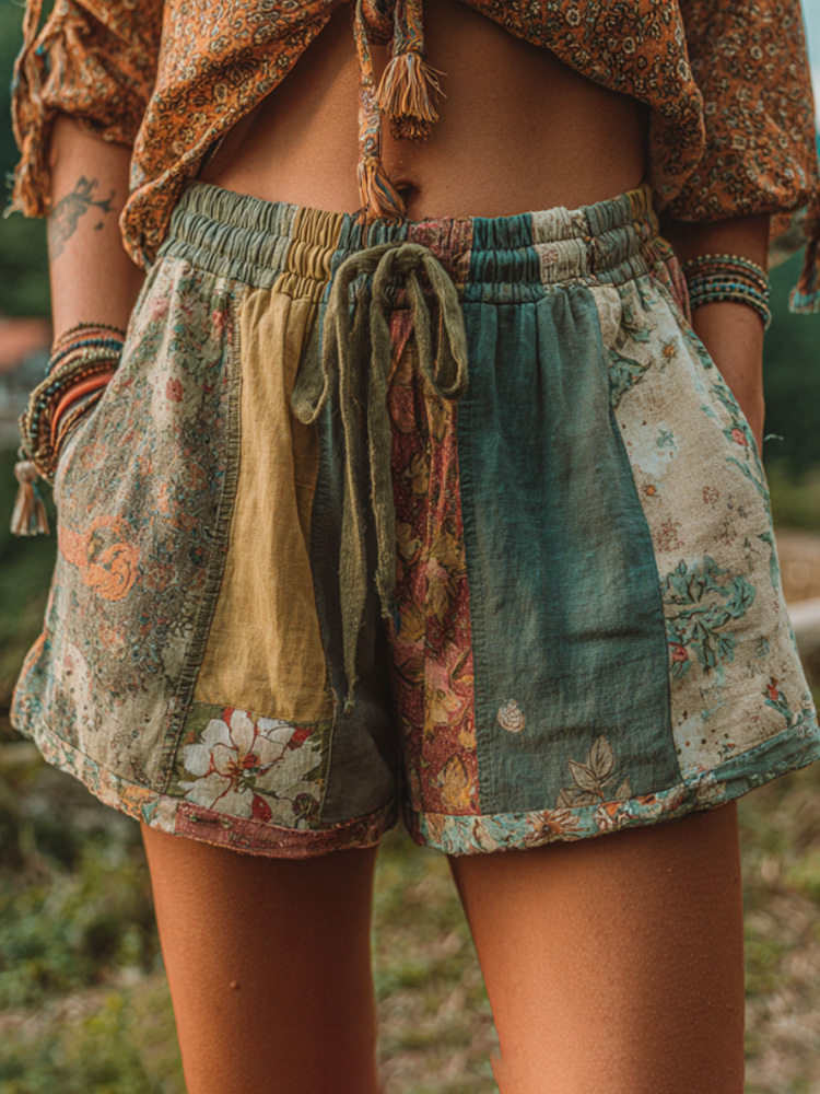 Women's Patchwork Floral Contrast Waist Drawstring Pocket Shorts