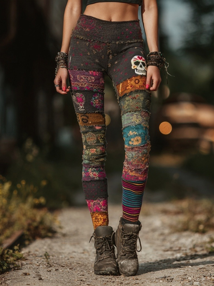 Vintage Skull Striped Patchwork Cozy Knit Leggings