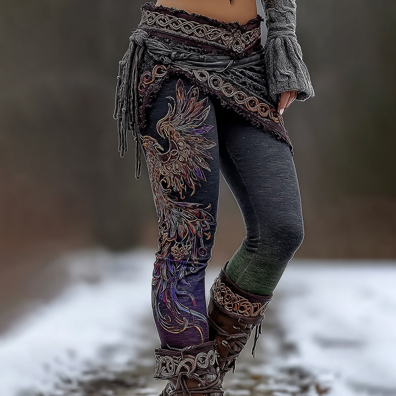 Women's Vintage Celtic Knot Phoenix Gradient Print Knit Leggings