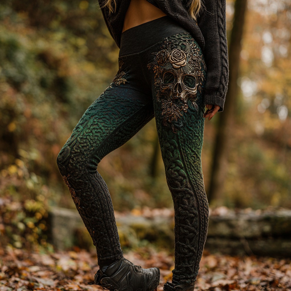 Women's Retro Skull Rose Embroidery Gradient Casual Leggings