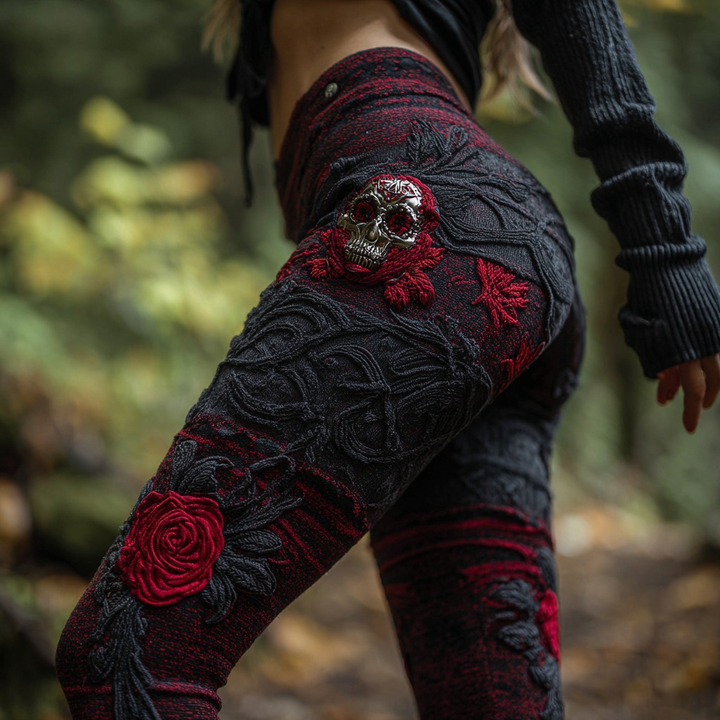 Women's Vintage Sugar Skull And Rose Pattern Comfortable Leggings