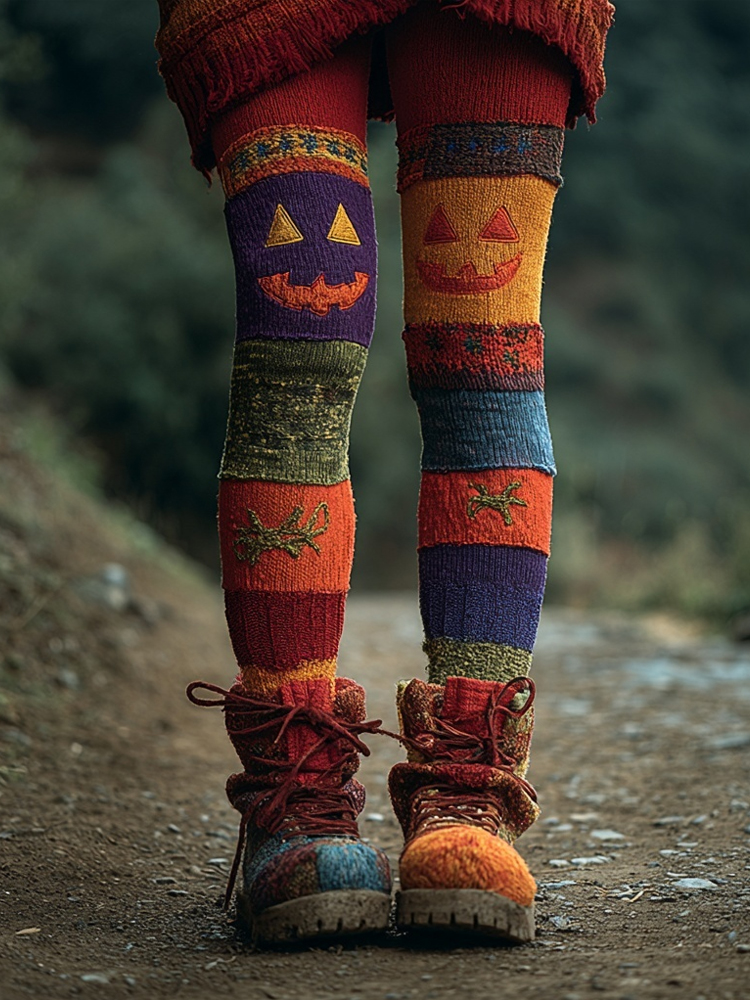 Halloween Pumpkin Spooky Face Patchwork Cozy Leggings