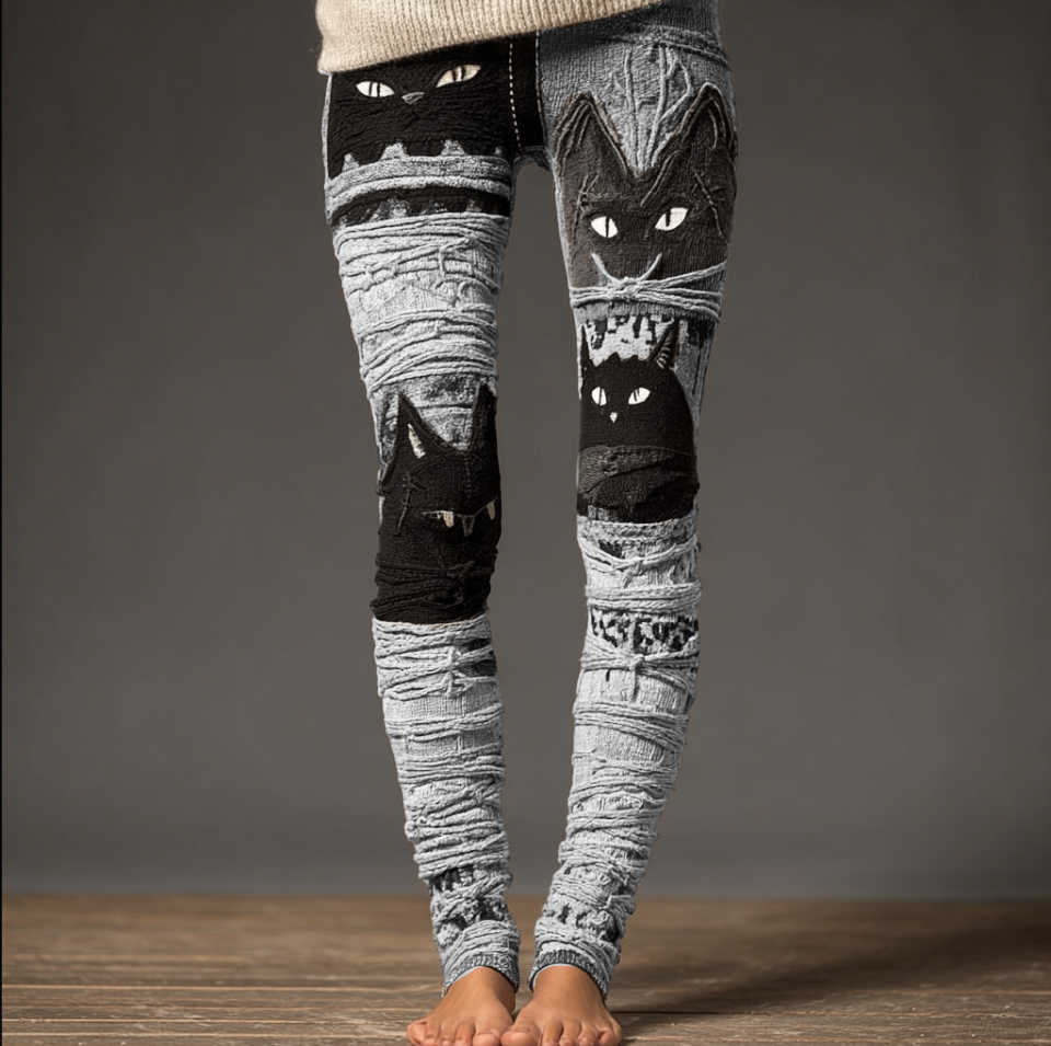 Halloween Fun Cat Design Women's Knitted Leggings