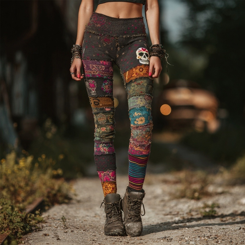 Vintage Skull Striped Patchwork Cozy Knit Leggings