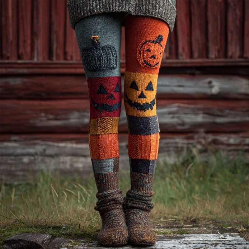 Halloween Pumpkin Spooky Face Patchwork Cozy Leggings