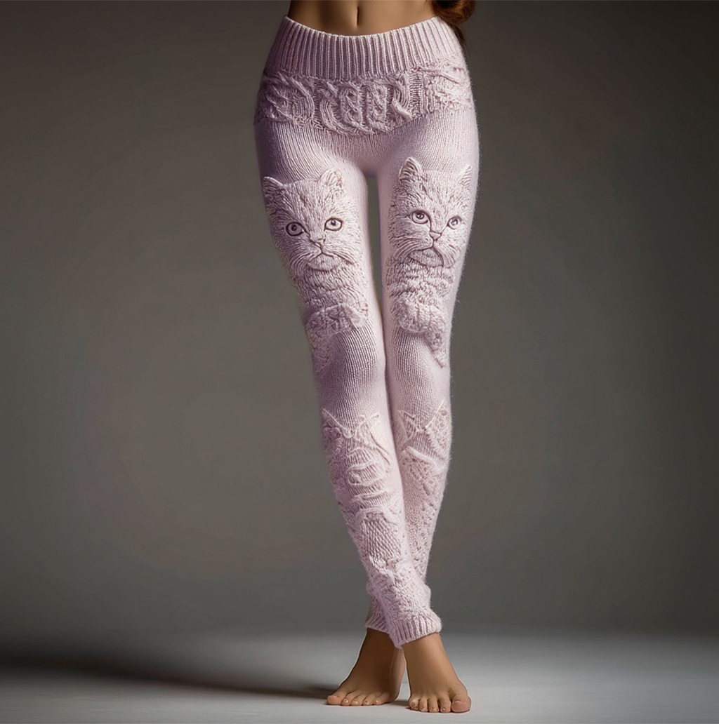 Cute Fuzzy Cat Embroidered Cozy Knit Leggings