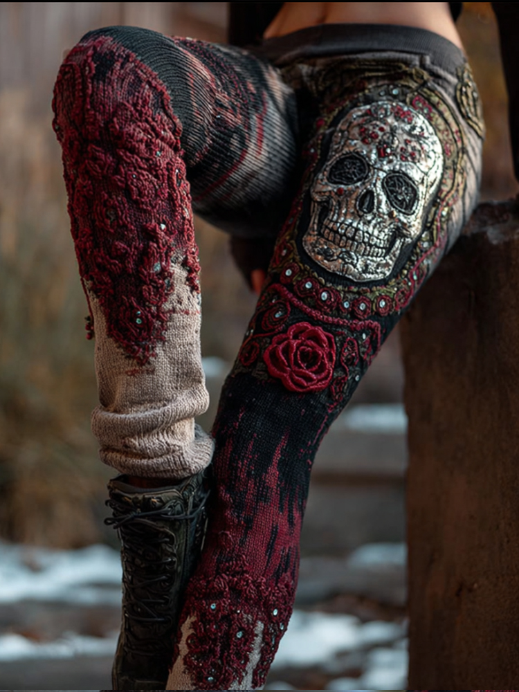 Halloween Skull Rose Contrasting Knitted Leggings