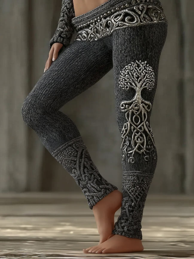 Women's Vintage Viking Tree Of Life Celtic Knot Art Knit Leggings