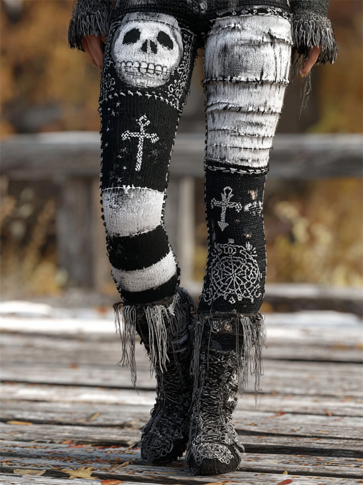 Vintage Skull & Cross Distressed Patchwork Cozy Knit Leggings