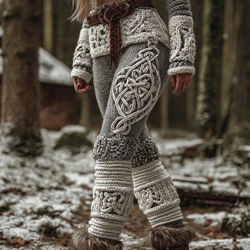 Retro Winter Celtic Knot Jacquard Women's Knit Leggings