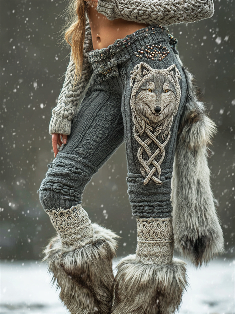 Viking Wolf Celtic Knot Contrast Cozy Knit Leggings