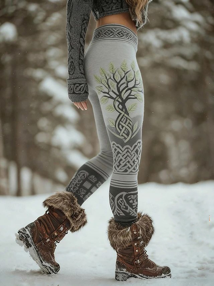 Retro Viking Celtic Tree Of Life Pattern Comfortable Knitted Leggings