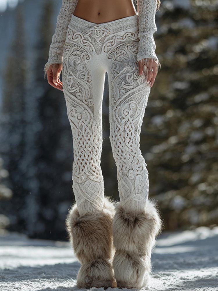 Retro Winter Celtic Knot Jacquard Women's Knit Leggings
