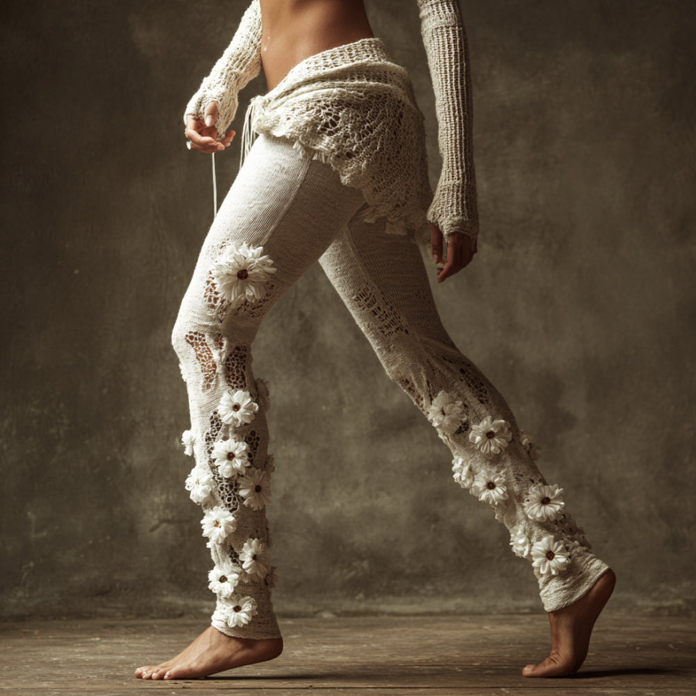 Women's Floral And Tree Branch Hollow Embroidery Leggings