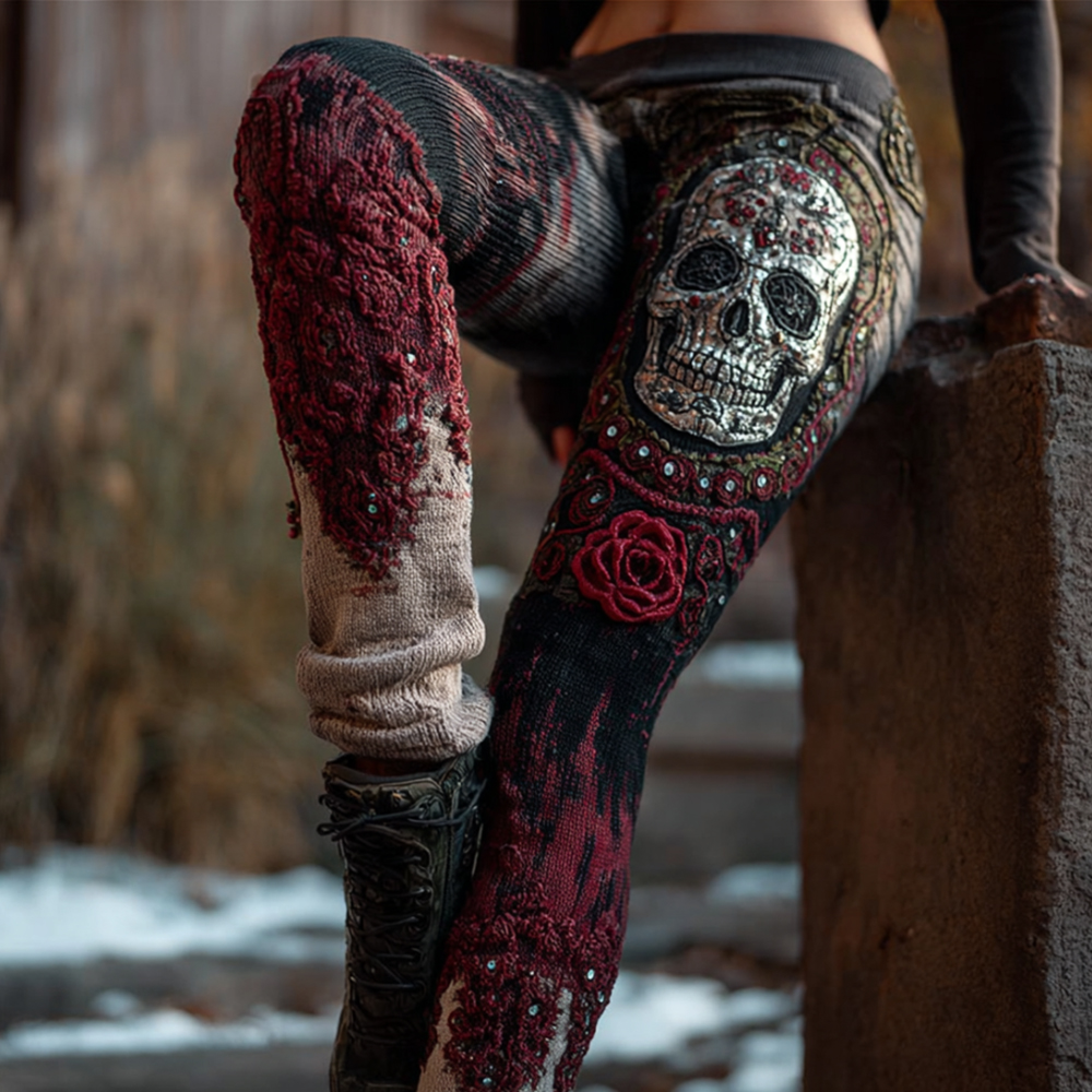 Halloween Skull Rose Contrasting Knitted Leggings