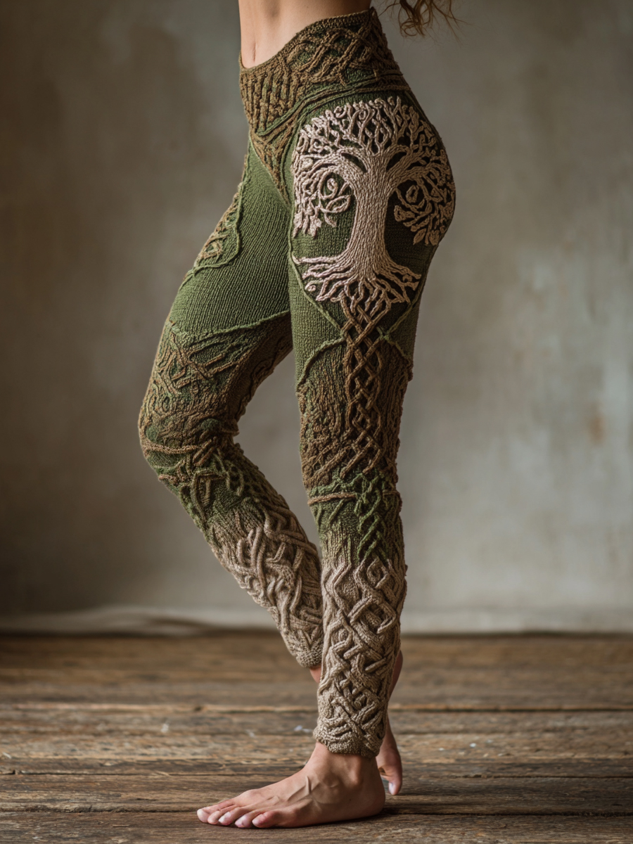 Women's Vintage Celtic Knot Tree Of Life Contrast Print Knit Leggings