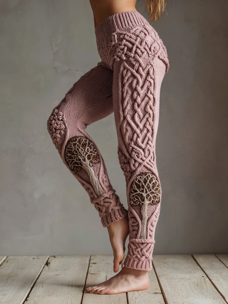 Vintage Viking Tree Of Life Celtic Knot Art Knit Jacquard Cozy Leggings