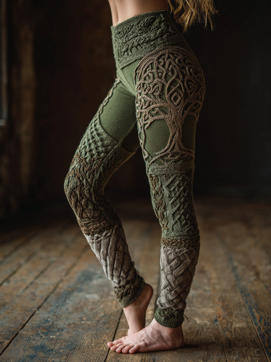 Women's Vintage Celtic Knot Tree Of Life Contrast Print Knit Leggings