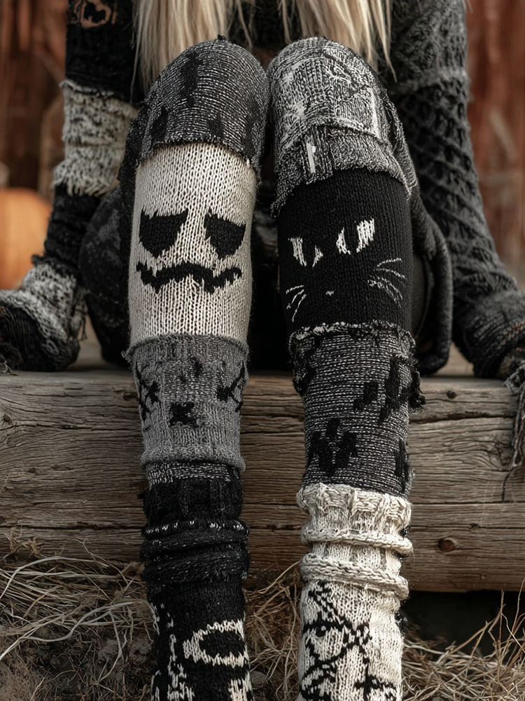 Halloween Ghostly Face And Black Cat Contrast Patchwork Cozy Knit Leggings