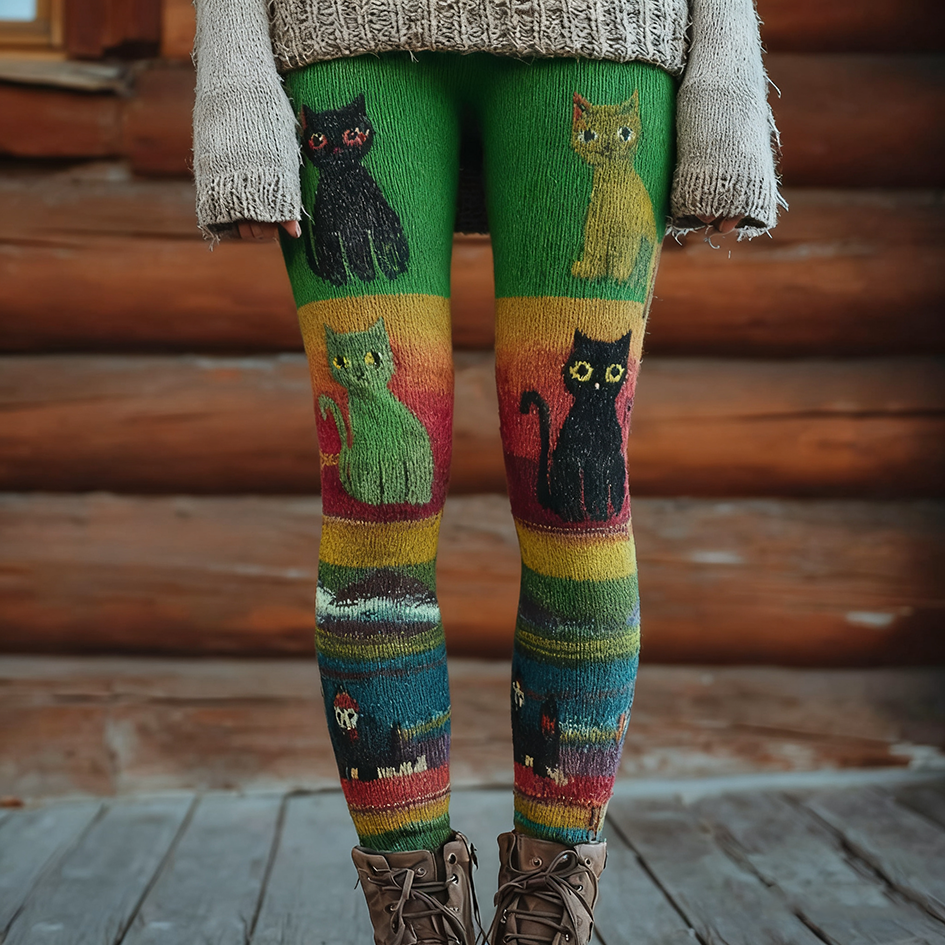 Christmas Fun Cat Knitting Tight-fitting Leggings
