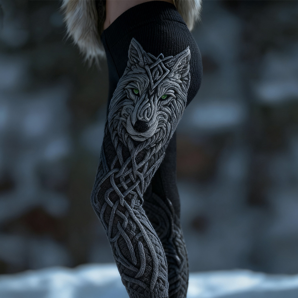 Vintage Viking Inspired Celtic Wolf Cozy Knit Leggings