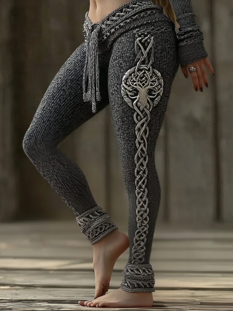 Women's Vintage Viking Tree Of Life Celtic Knot Art Knit Leggings