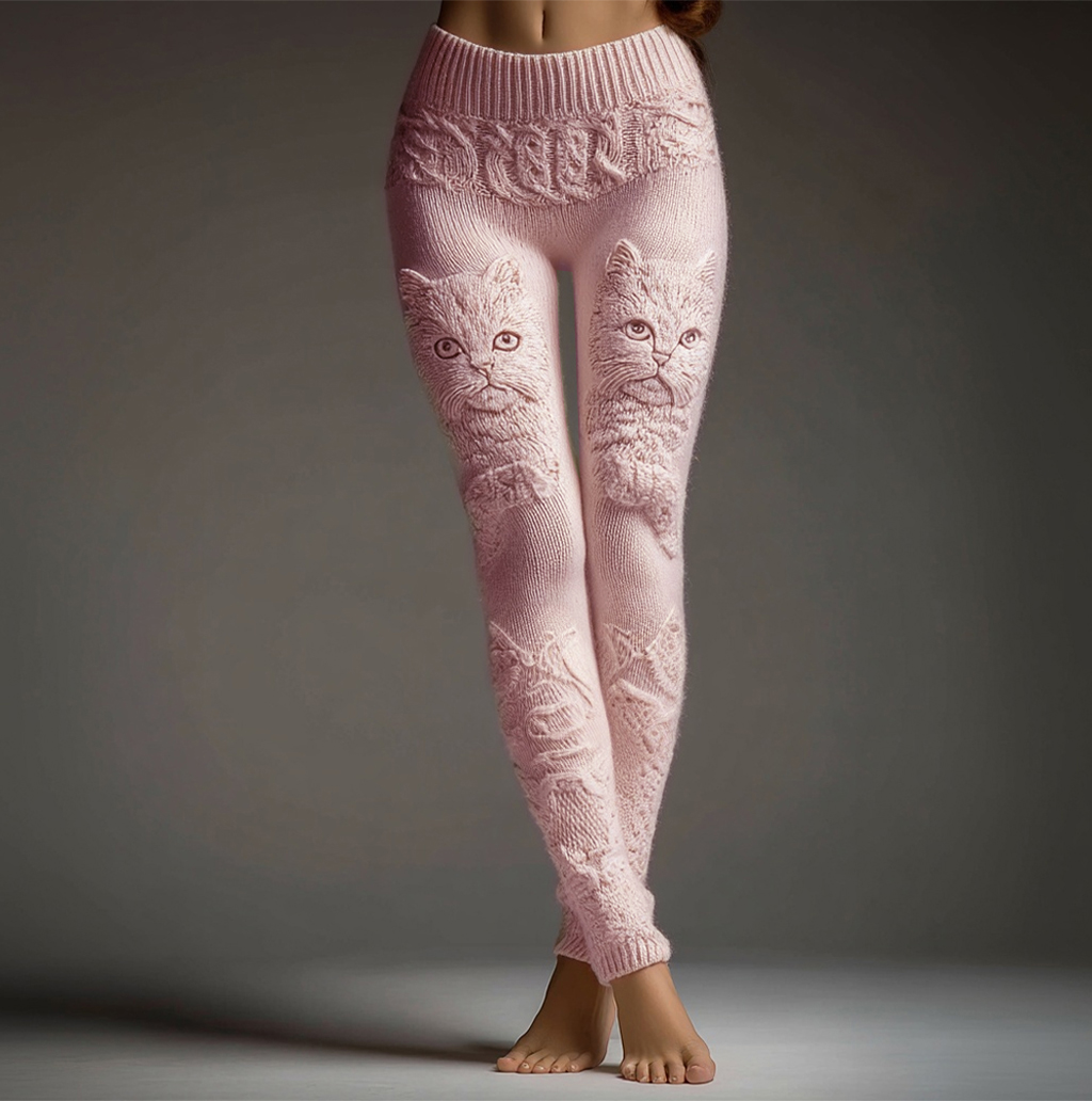 Cute Fuzzy Cat Embroidered Cozy Knit Leggings