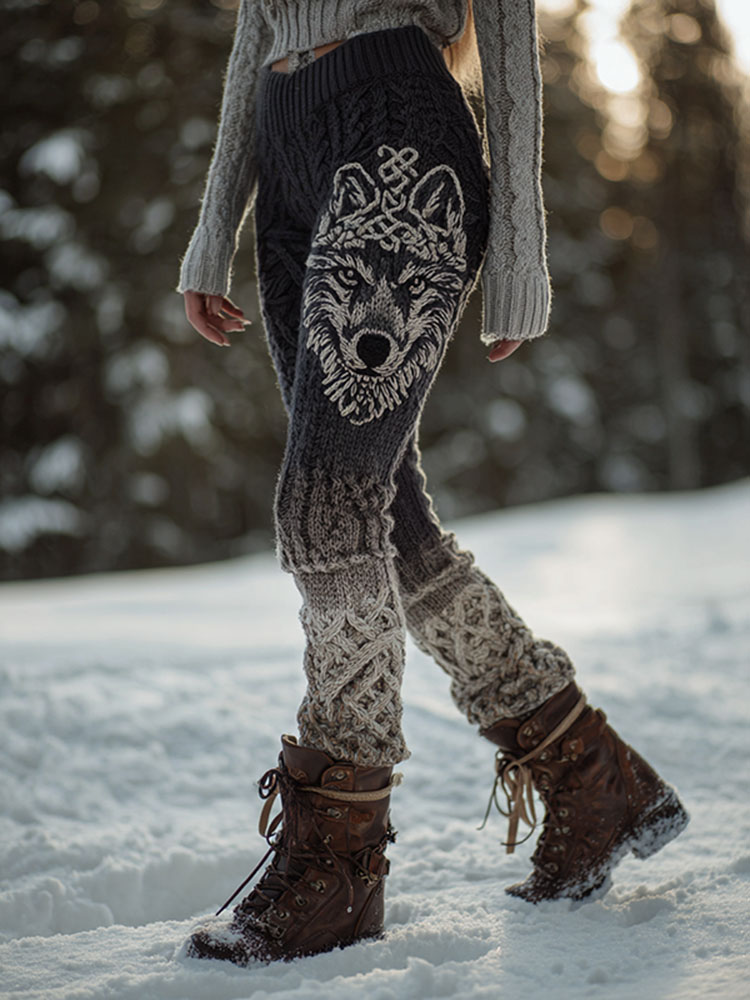 Women's Retro Viking Wolf Gradient Knit Leggings