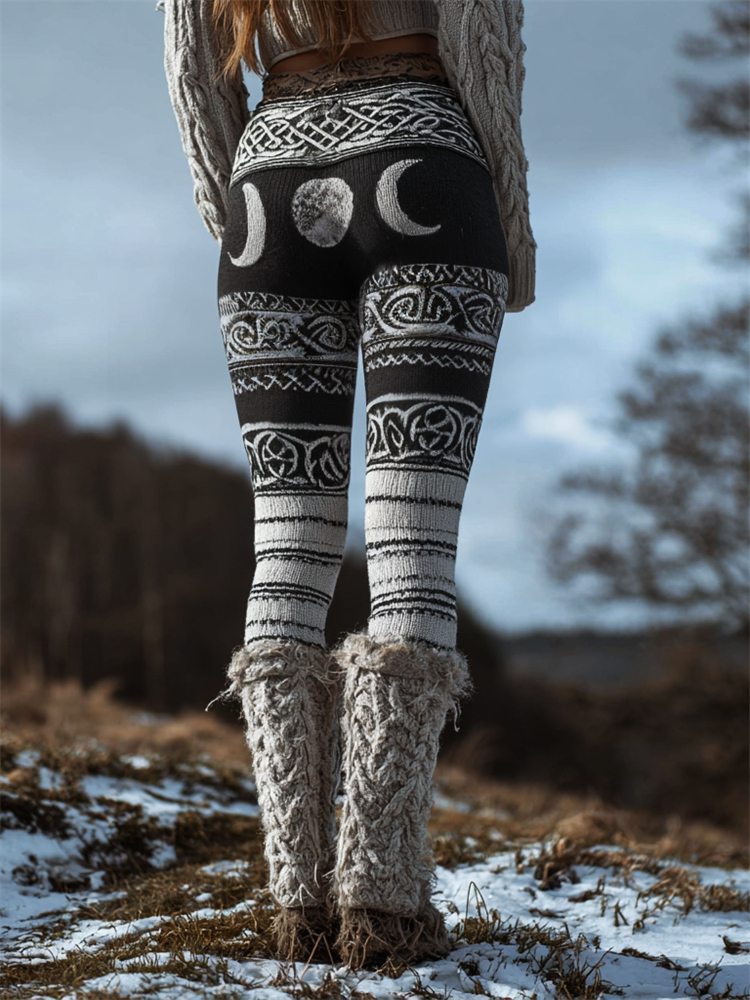 Viking Mystical Moon Phase Celtic Contrast Cozy Knit Leggings