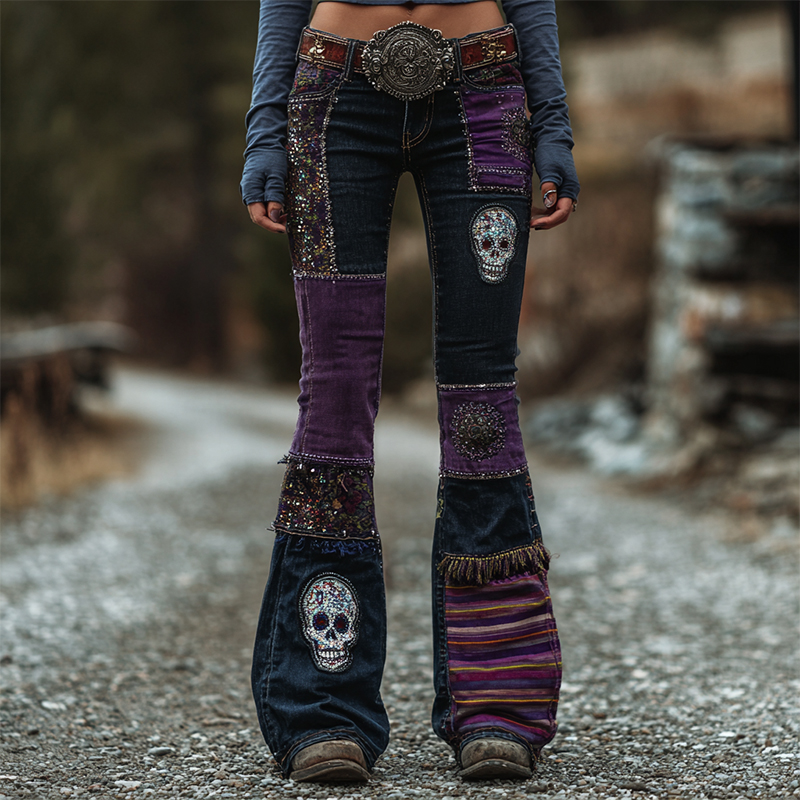 Halloween Skull Embroidered Patchwork Washed Bootcut Jeans