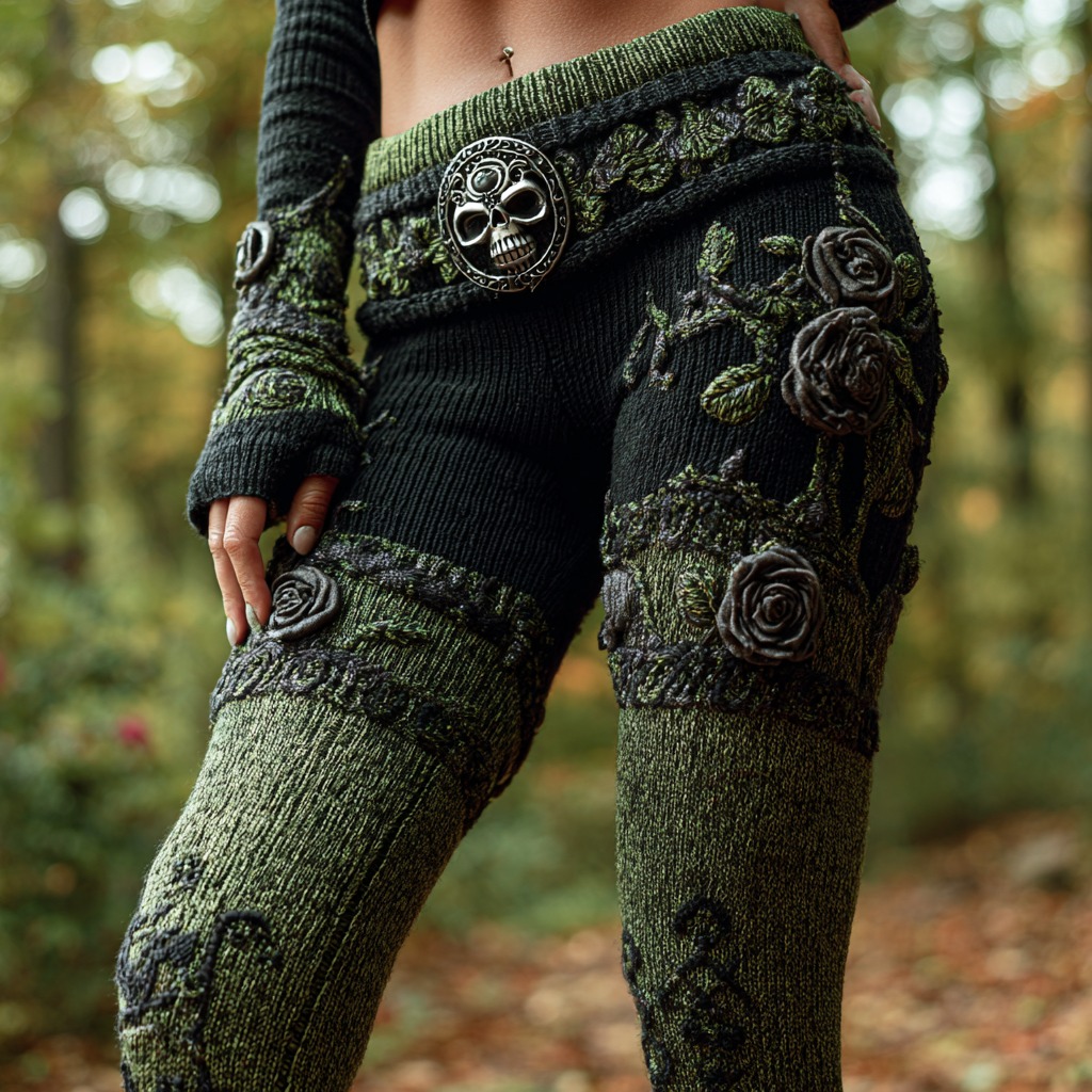 Women's Retro Skull Rose Embroidery Gradient Casual Leggings